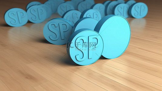木制背景上带有蓝色 3D 渲染贴纸的超级销售和折扣徽章
