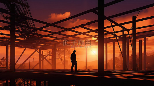 工业背景图片_现场建造结构的建筑工人的 3D 渲染轮廓