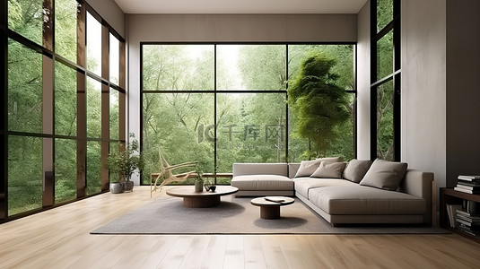 家背景图片_3D 室内场景插图，通过大窗户可以看到宽敞的客厅和郁郁葱葱的花园的框架模型视图