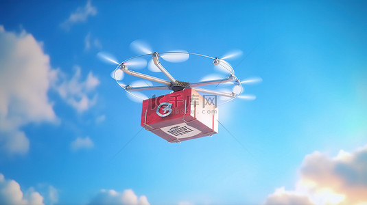 蓝天背景与空中无人机运送披萨盒的 3D 渲染