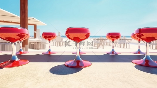时尚的酒吧凳子毗邻桌子，在阳光明媚的海滩沙滩上提供充满活力的红色热带鸡尾酒，近距离进行个人 3D 渲染