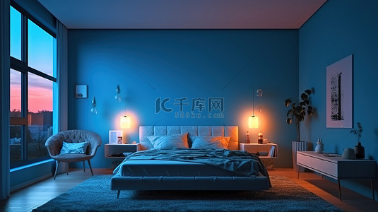 现代卧室设计，采用蓝色墙壁装饰和环境夜间照明数字渲染