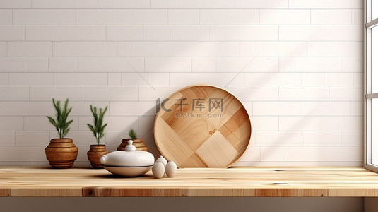 广告墙背景图片_带有陶瓷墙和装饰口音的裸木桌面非常适合产品促销或广告
