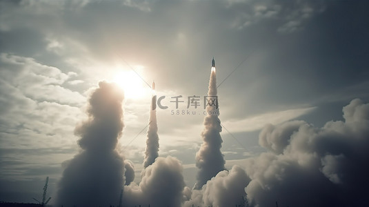 火箭发射台卡通背景图片_三重火箭在战争和硝烟中在乌克兰的天空中飞行