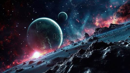 旋转的外星行星漂入太空深渊的 3D 渲染，以美丽的星星为背景