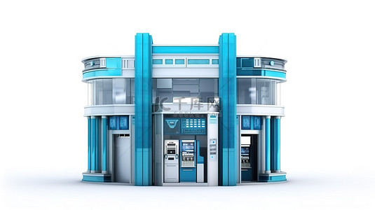 银行柜员背景图片_白色背景下内置银行的 ATM 机的 3D 渲染