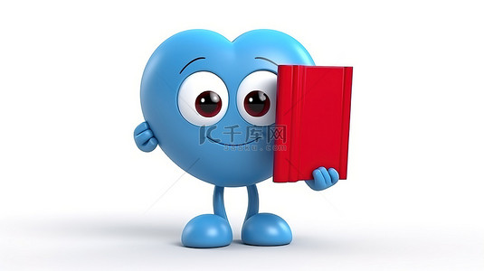 3D 渲染的吉祥物是一个蓝书人物，在白色背景下拿着一颗红心