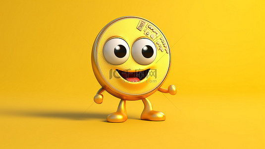 角色吉祥物的 3D 渲染，其持有金色忠诚计划奖金硬币，黄色背景上带有抽象充电电池