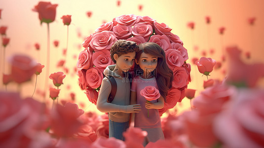 3D 插图中可爱浪漫的情侣拥抱一束玫瑰