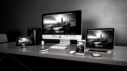 快乐时尚背景图片_在时尚的黑白桌面上呈现三个响应式设备的令人惊叹的 3D 渲染