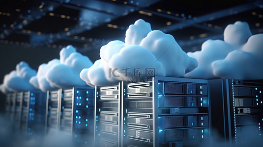 可视化云计算的力量 云中服务器和笔记本电脑的 3D 渲染图像