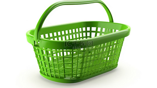 白色背景下购物的孤立绿色篮子的 3D 渲染