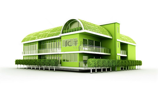 具有可再生能源概念的白色背景 3D 生态友好型绿色建筑
