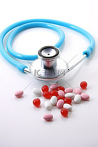 白色背景上的医生听诊器，塑料容器中装有一些药丸和药物