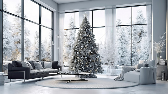 现代明亮的客厅，配有公寓内圣诞树的 3D 渲染插图