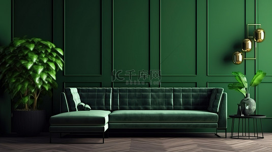 现代化家居背景图片_现代化的客厅充满绿色气息，包括绿色沙发和墙板 3D 图像