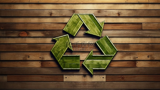 可持续发展的绿色箭头 3D 插图，以灰色木质背景上的生态图标为特色