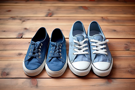 情侣装背景图片_两只蓝色运动鞋坐在木地板上