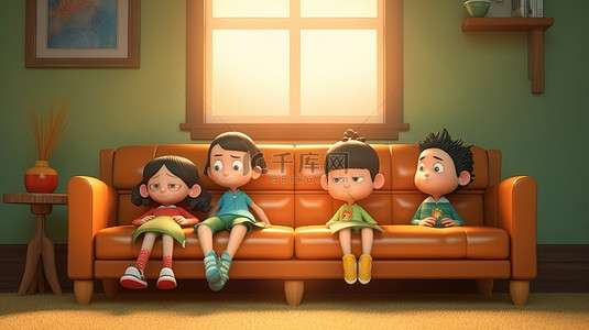 卡通一家人背景图片_孩子们在 3d 沙发上放松插画