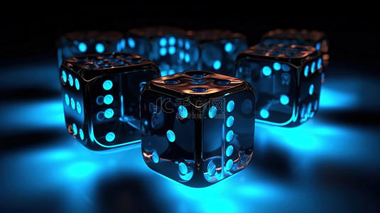 骰子光背景图片_黑色背景下发光的蓝色骰子为赌博设计提供了引人注目的视觉效果2D 渲染