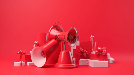 带通知铃和扩音器的礼品卡或代金券的充满活力的红色讲台 3d 渲染