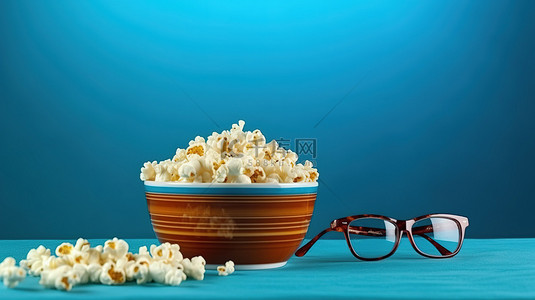 幸福的电影之夜设置爆米花碗 3D 眼镜和蓝色电视遥控器