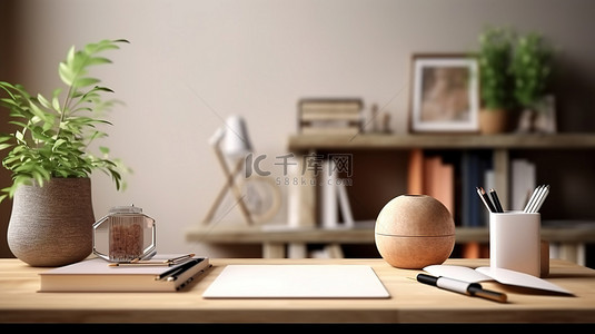 管理表格背景图片_木质学习桌的 3D 渲染，具有模糊背景下的装饰和蒙太奇空间