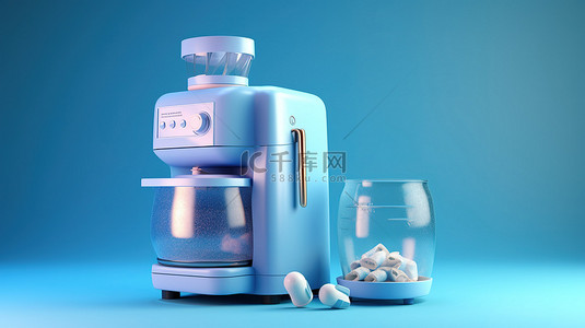 洗衣机背景图片_蓝色背景下的冰箱和洗衣机的 3D 渲染插图