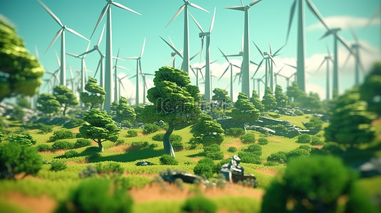 节能背景背景图片_郁郁葱葱的绿色环境中风力发电机的 3D 渲染