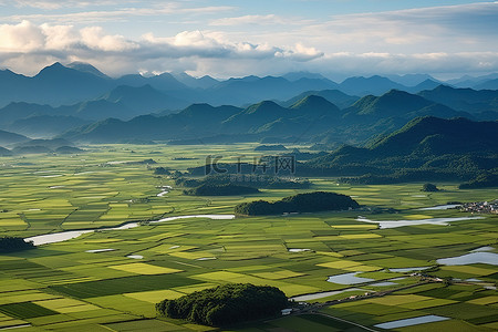 稻田和山脉的鸟瞰图