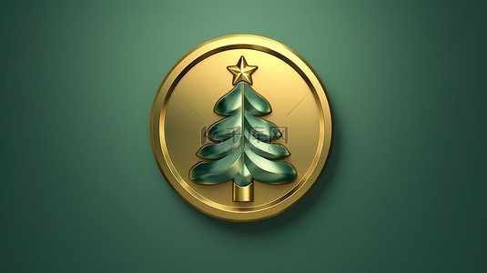 树图标背景图片_金色圣诞树符号与潮水绿色背景 3d 渲染图标