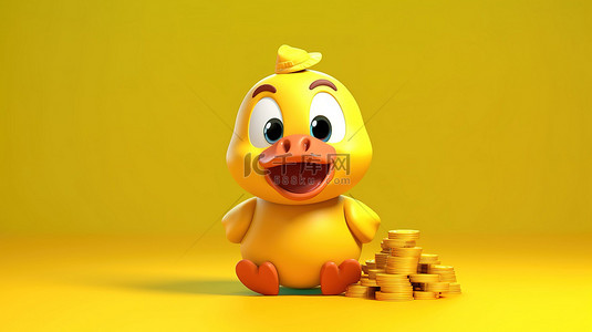 可爱的黄鸭人物吉祥物，在 3D 渲染的充满活力的黄色背景上拿着存钱罐和金币