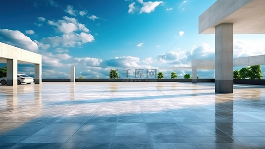 蓝白背景背景图片_巨大的空混凝土停车场，带有 3d 渲染的游泳池