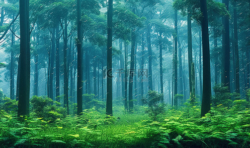 一片绿油油的森林，有很多树木