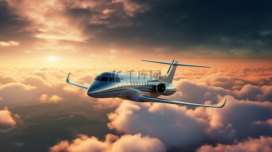 私人飞机在雄伟云层上空翱翔的 3D 渲染