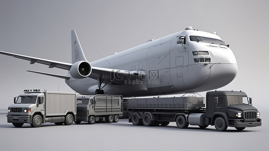 物流公司背景图片_中性背景承载着飞机卡车货运列车和货物集装箱的 3d 模型