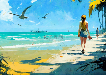 夏季海滩油画少女背景