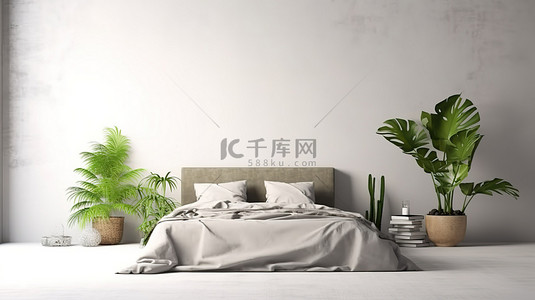 格子墙背景图片_未整理的床灰色格子和绿色植物舒适的卧室内部配有灯和空白墙 3D 渲染