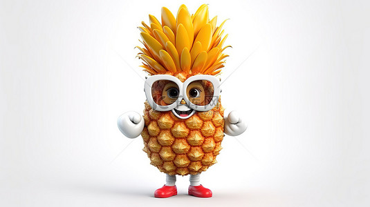 3D 渲染卡通时髦菠萝吉祥物与红心完美的时尚概念