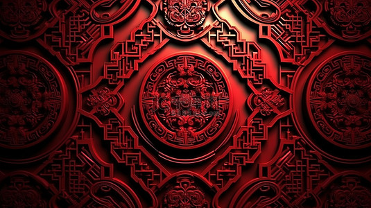红色背景模板上充满活力的 3D 中国图案