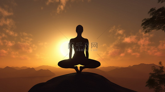 日落时的体式 一位 3D 女性瑜伽姿势在美丽的风景中
