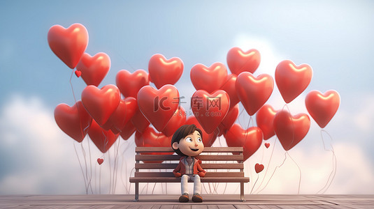情侣爱心气球背景图片_可爱的年轻女子坐在长凳上迷恋心形气球 3D 插图