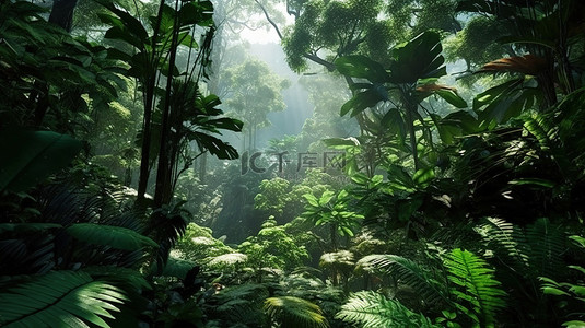 郁郁葱葱的森林景观东南亚雨林的 3D 渲染视图