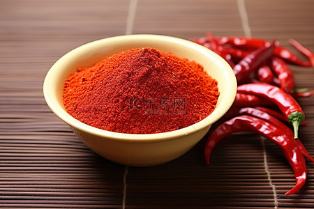 红辣椒背景图片_新鲜红辣椒前的白碗中的辣椒粉