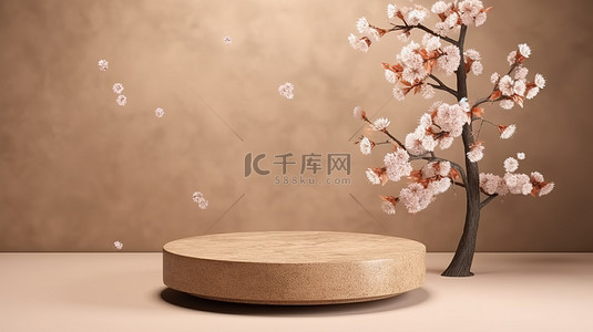 品牌推广方案背景图片_质朴的石平台沐浴在盛开的樱花之间的自然光中 3D 渲染插图非常适合品牌推广和产品展示