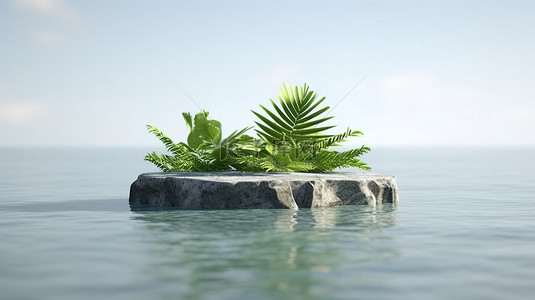 生态友好的岩石平台，海洋中郁郁葱葱的绿叶 3D 渲染产品展示