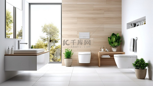 厕所背景图片_现代卫生间设计，采用白色瓷砖和木地板 3D 渲染