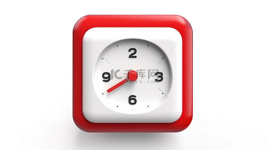 手表图标背景图片_白色背景上的老式红色闹钟，带有 3d 渲染的方形白色按钮图标