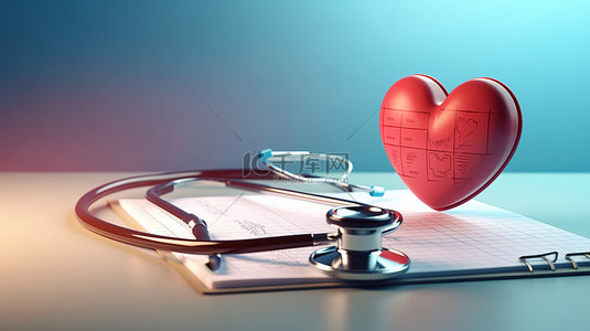 预约背景图片_带有心脏和听诊器空间的医疗日历的 3D 插图，用于预约详细信息