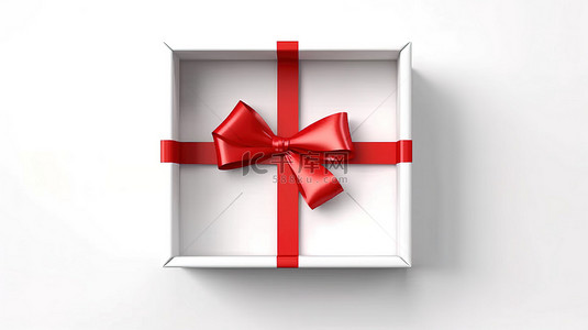 白色礼品盒，带红丝带和蝴蝶结，从上面看，在白色背景 3D 渲染上隔离